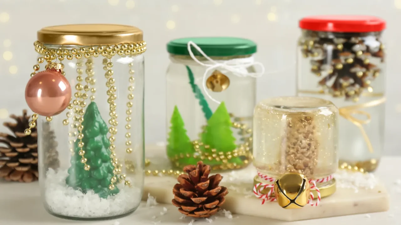 handmade snow globes and fir cones on light table