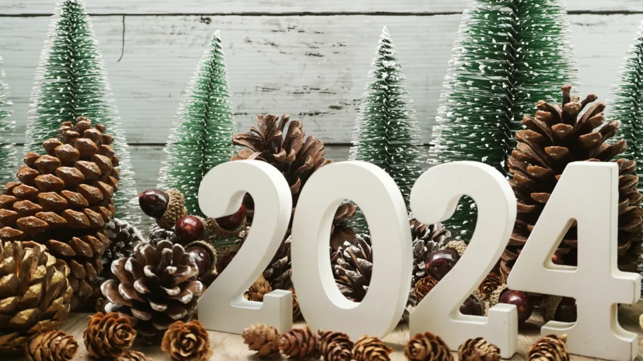 Happy new year 2024 decoration with Christmas tree and pinecones.