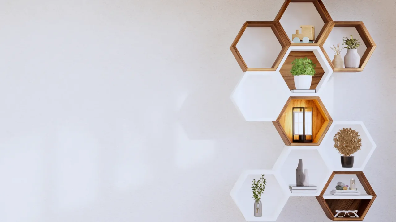 Hexagon wooden shelves on wall background.