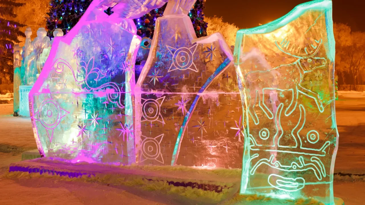 ice sculpture in the city park on christmas and new