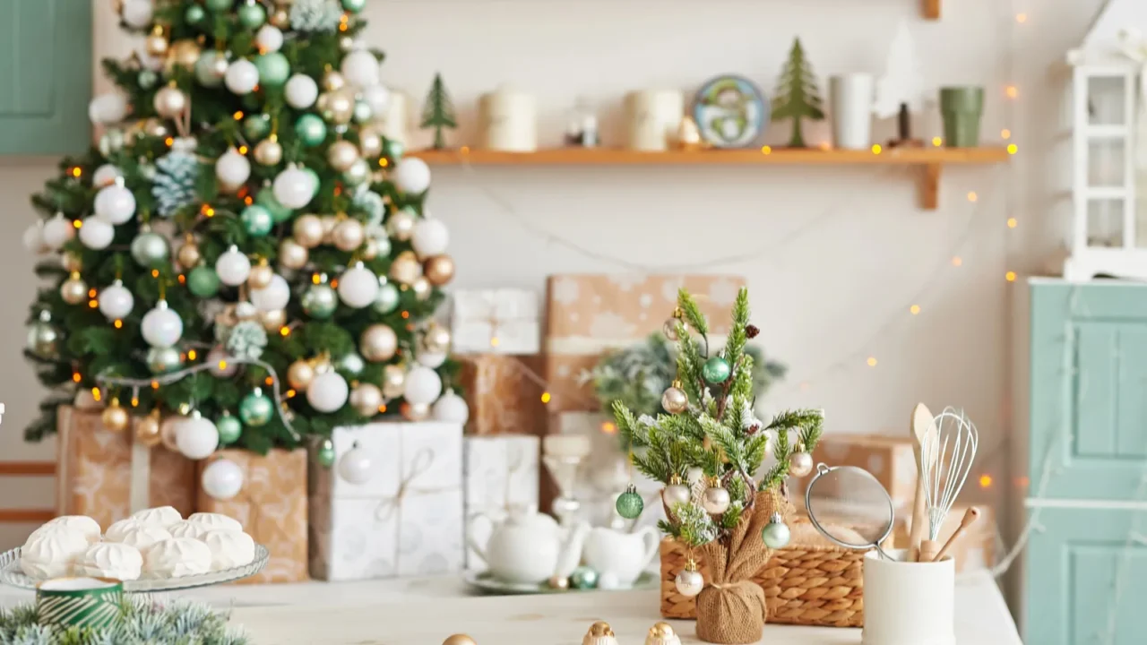 interior light kitchen with christmas decor and tree turquoisecolored kitchen