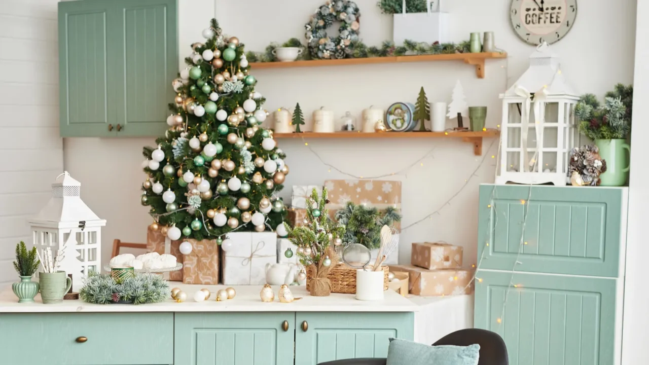 interior light kitchen with christmas decor and tree turquoisecolored kitchen