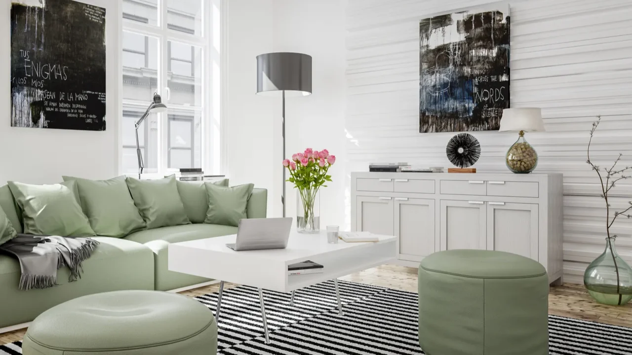 Interior of modern living room with a striped black and white rug.