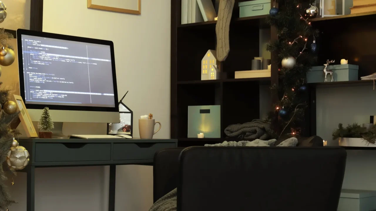 interior of programmers office with workplace and christmas tree