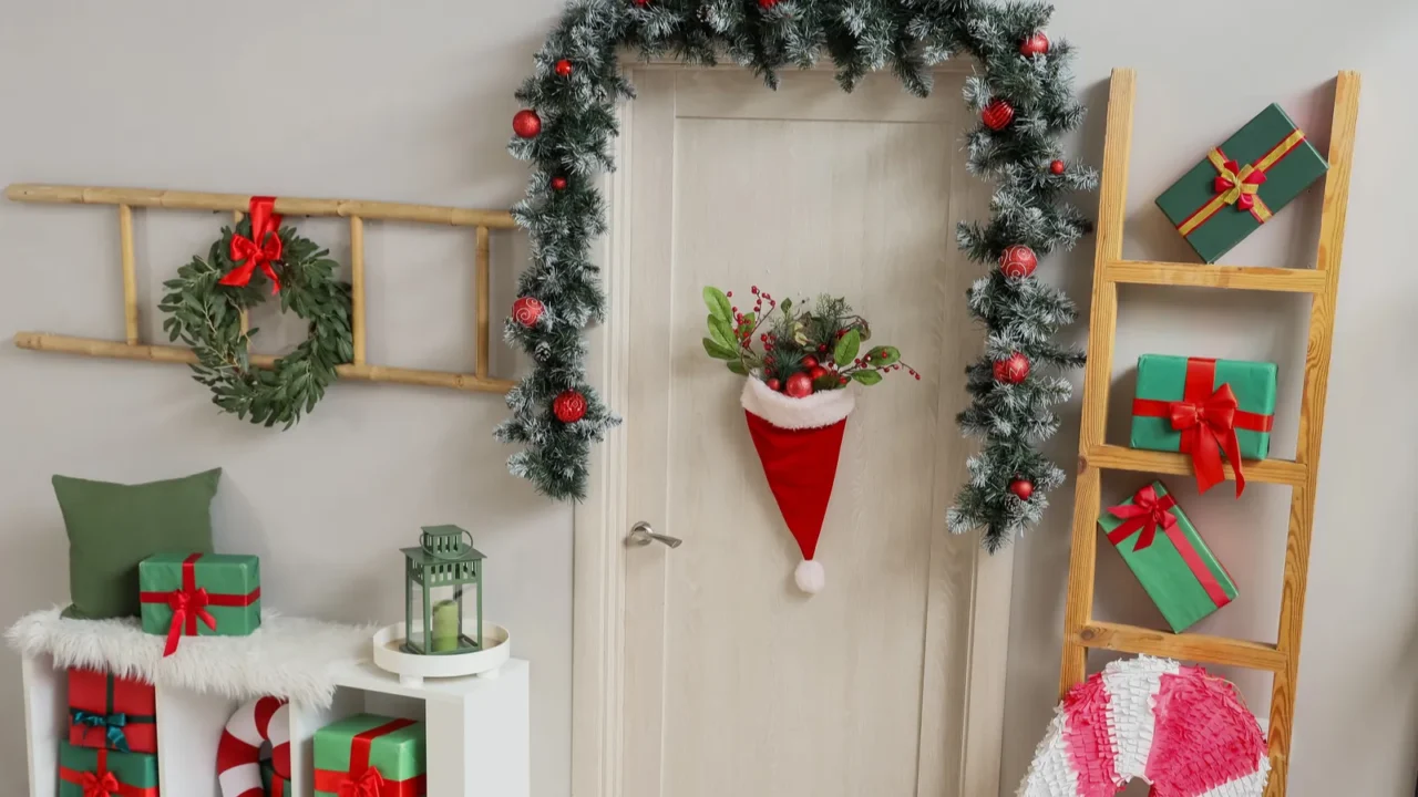 interior of room with beautiful decorated door large candy cane