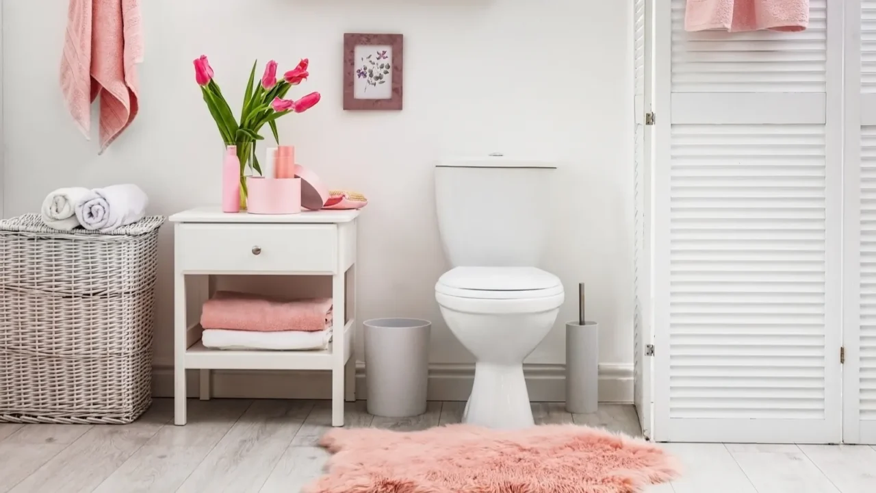 Interior of stylish pink bathroom with toilet bowl and decor elements.