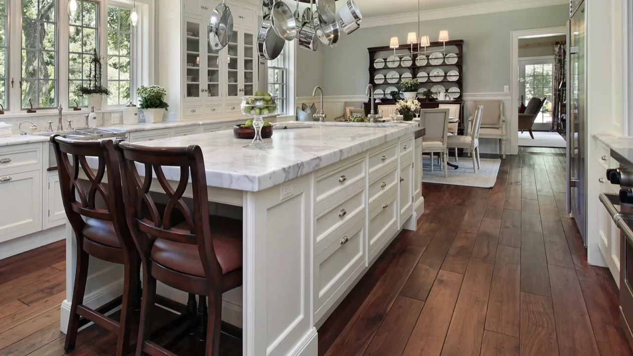 kitchen with white granite island