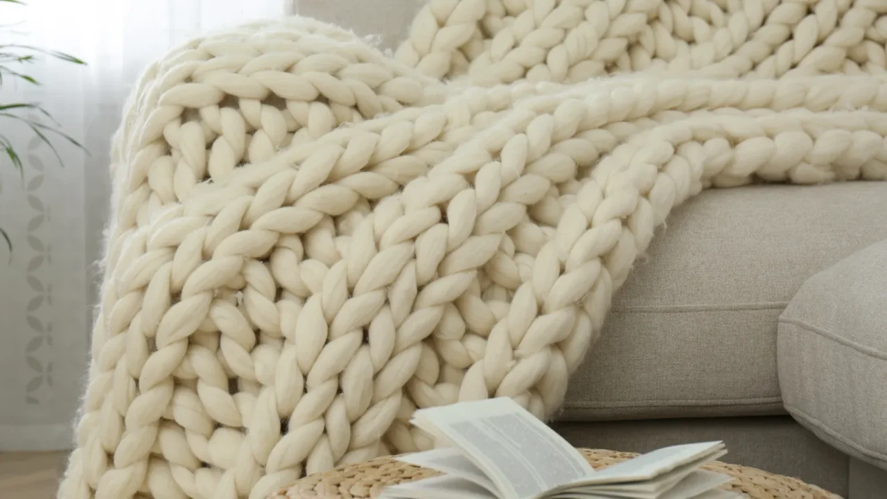 A chunky knit throw on a gray couch and a book on a floor cushion.