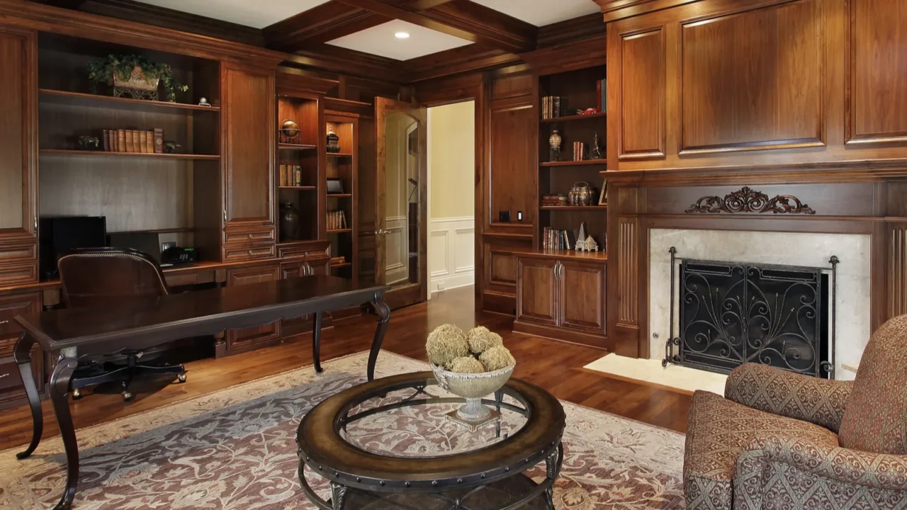 library with marble fireplace