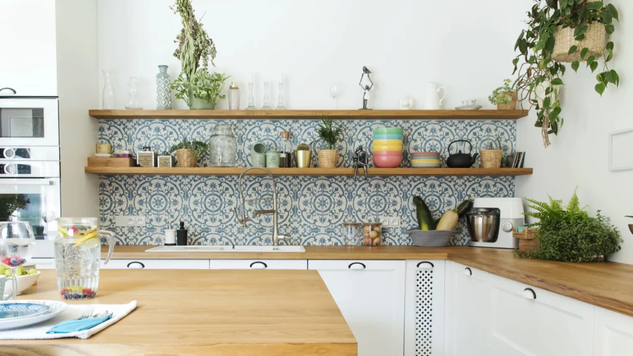 light stylish kitchen in blue colors in mediterranean style