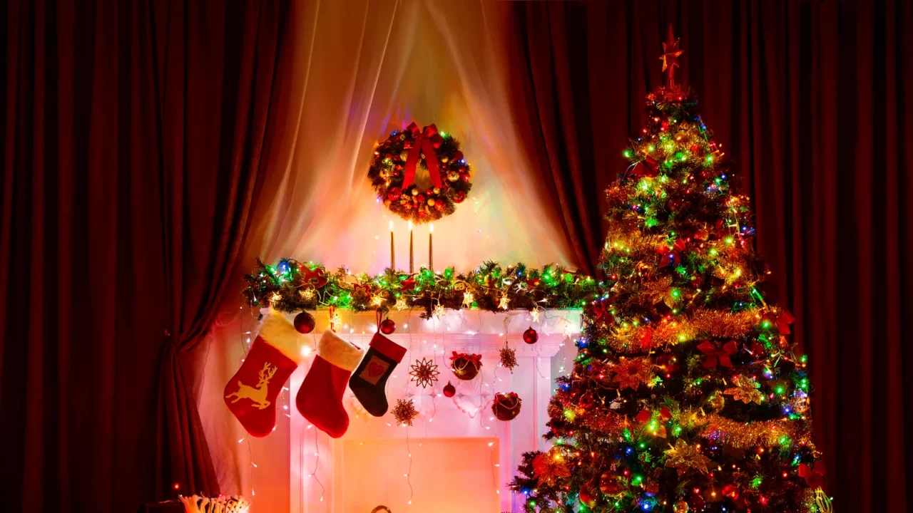 lighting christmas tree xmas fireplace and stockings new year interior