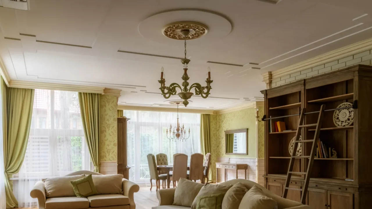 Living room interior. Neutral color wall, chandeliers, sofas, large windows, and a book shelf.