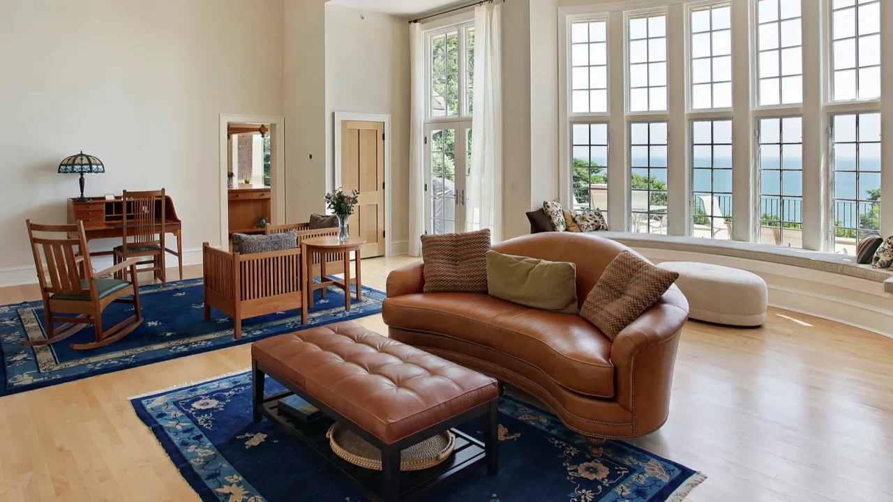 living room with curved windows