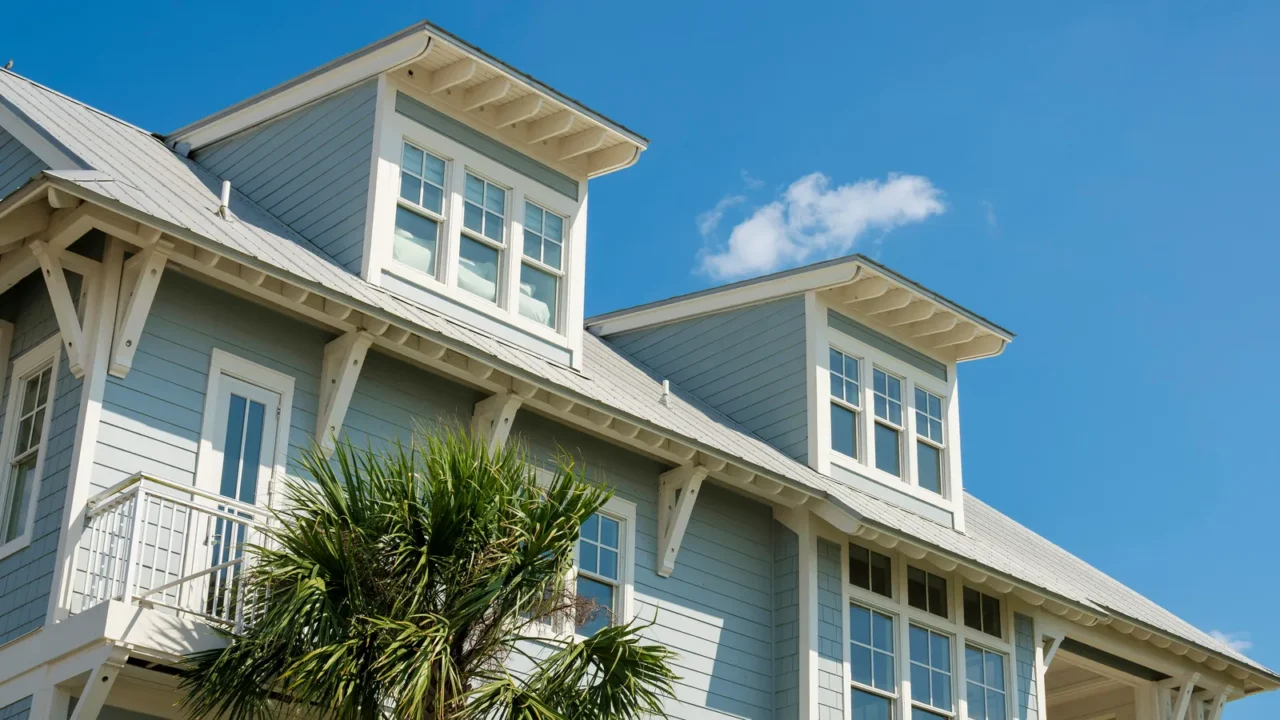 low angle view of a house with light blue wood