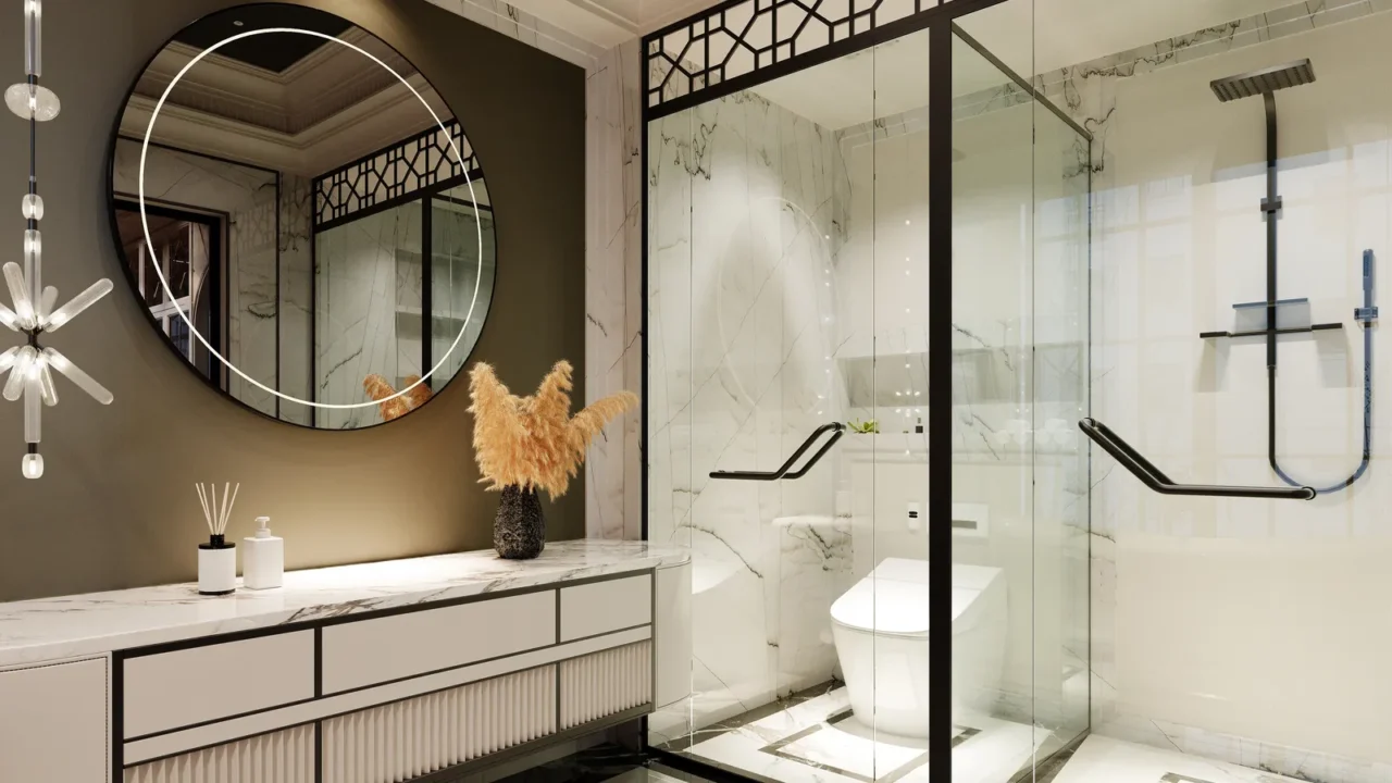 A luxurious bathroom with glass enclosed shower marble flooring and custom.