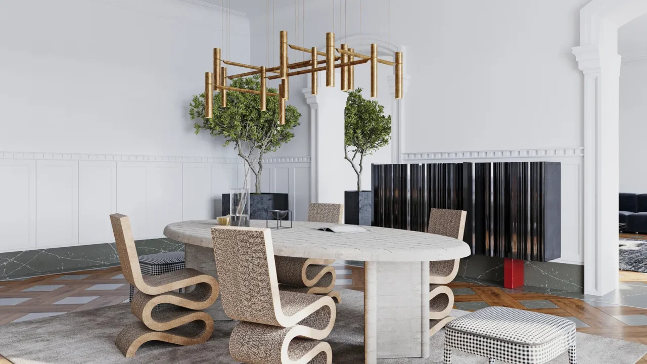 luxurious dining room with modern sculptural chairs a round stone