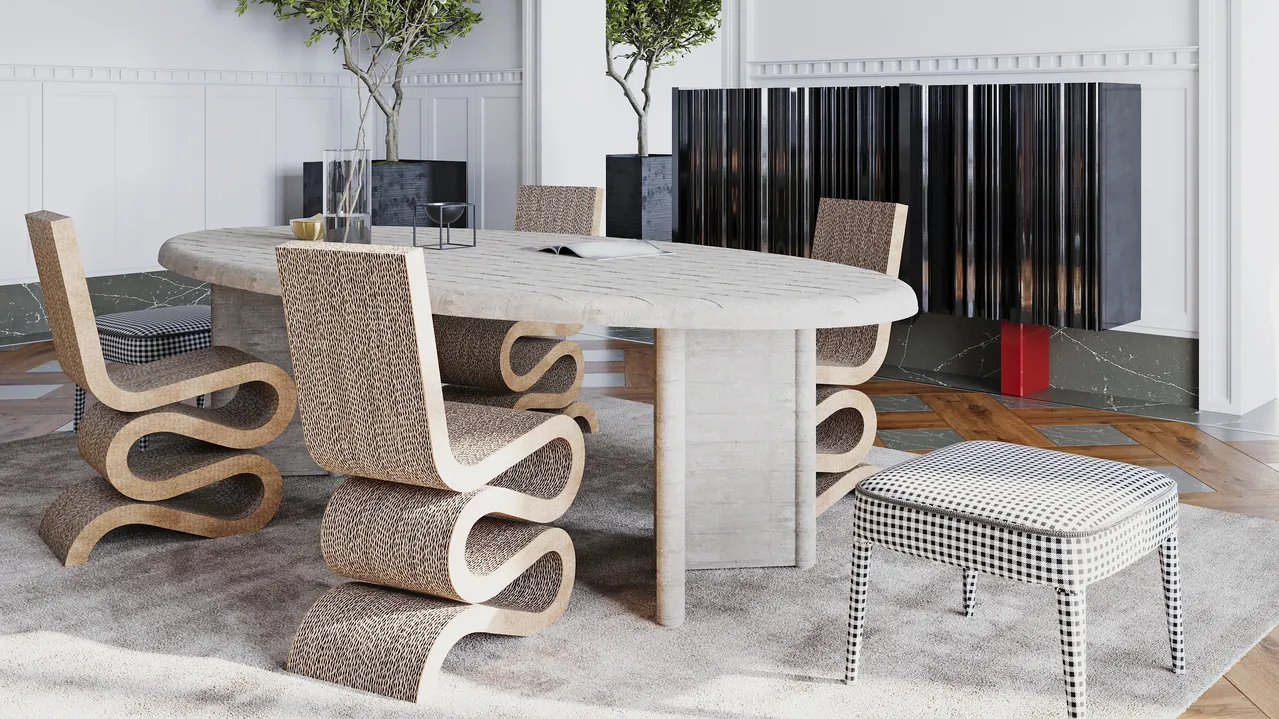 A modern dining room with a round table and unique wavy chairs on a light rug.