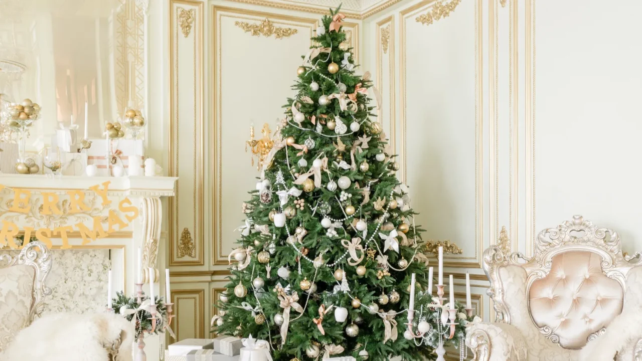 luxury apartment decorated for christmas xmas tree with presents underneath