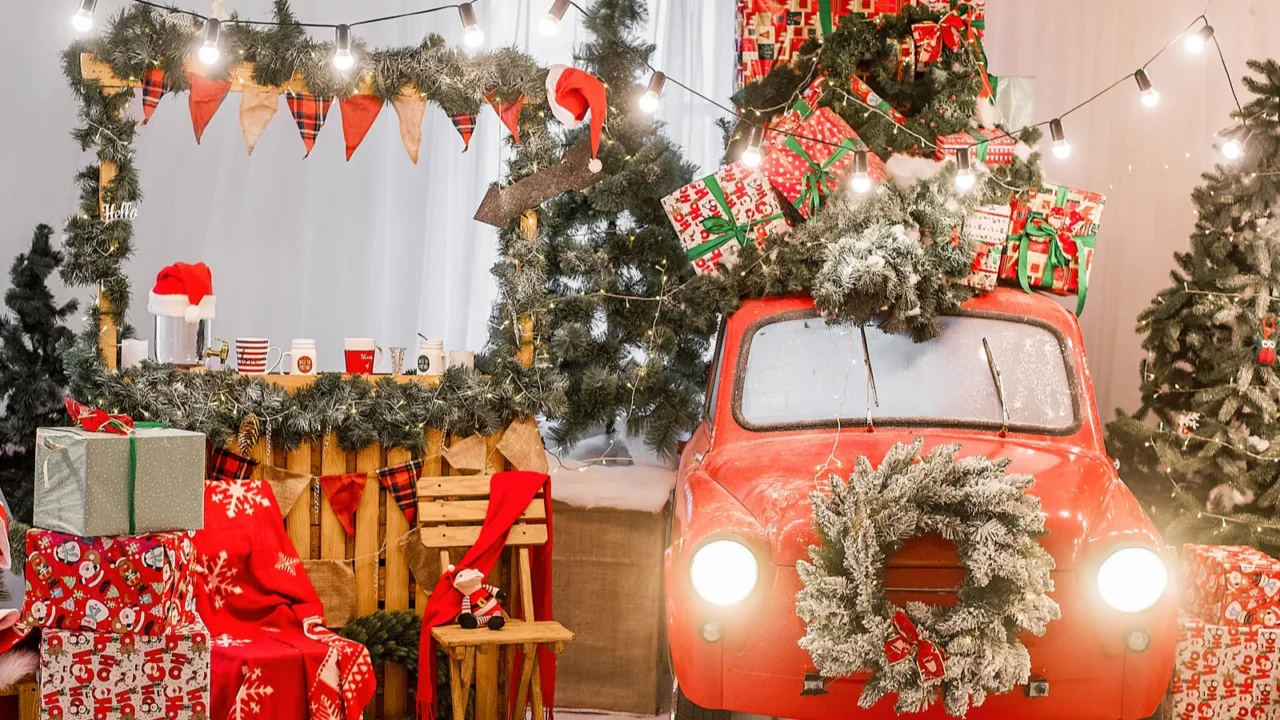 magic card in red color decorated retro car with festive