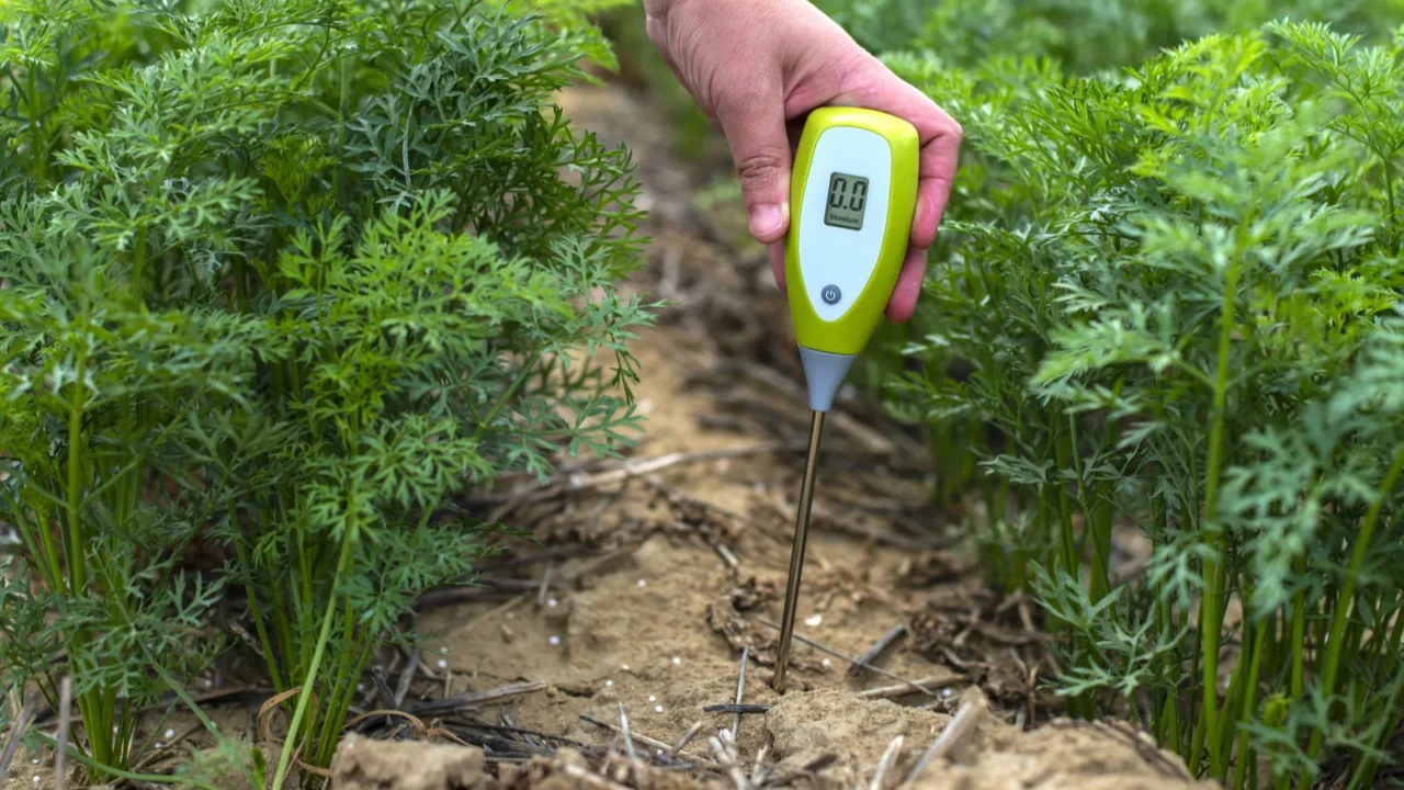 measure soil with digital device green plants and woman farmer