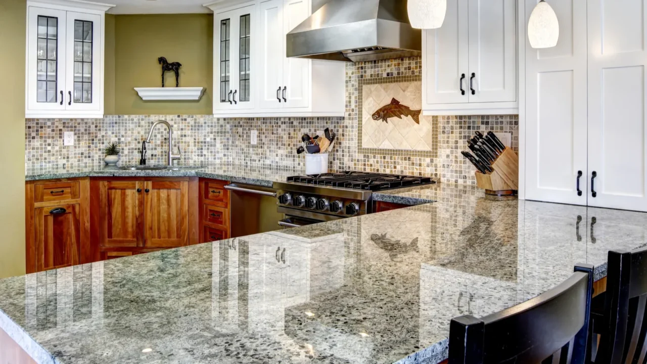 modern house interior kitchen room with shiny granite tops and