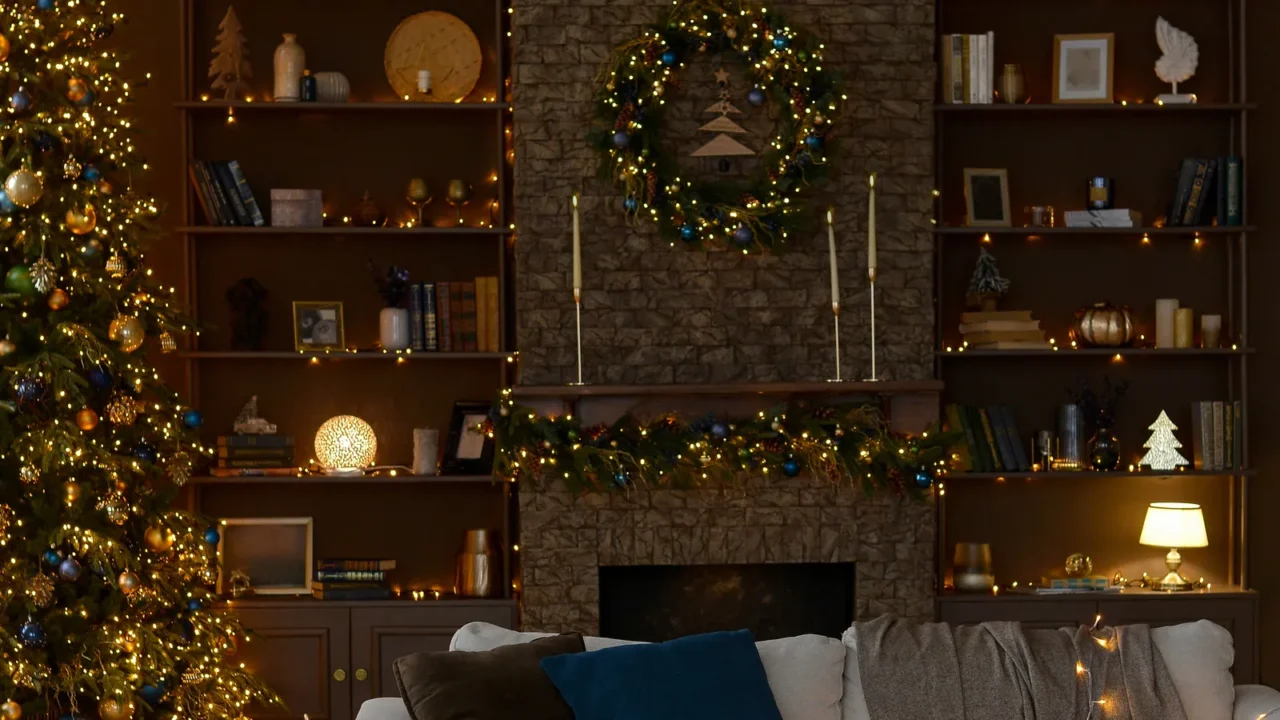 modern interior of a christmas living room with a beautiful