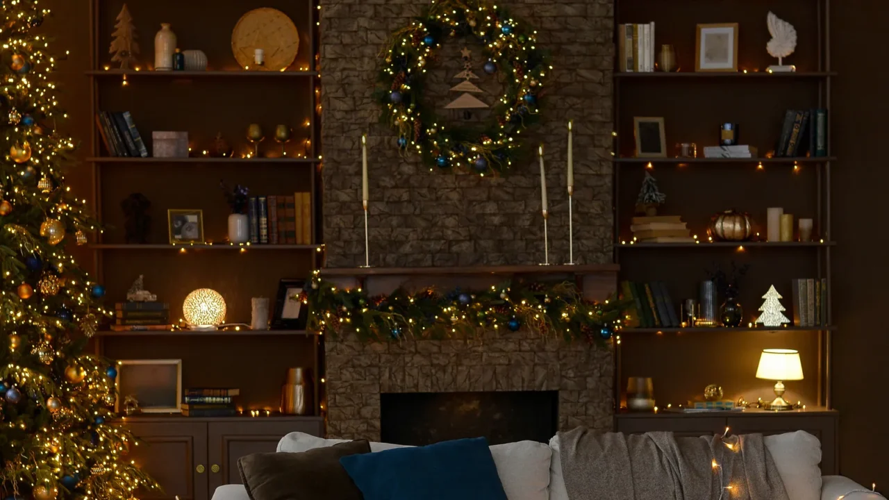 modern interior of a christmas living room with a beautiful