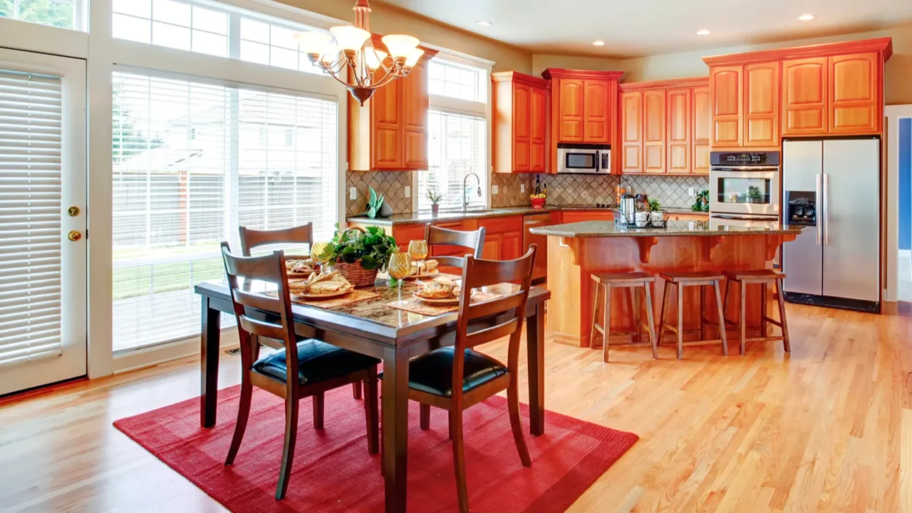 modern kitchen room with island and dining area