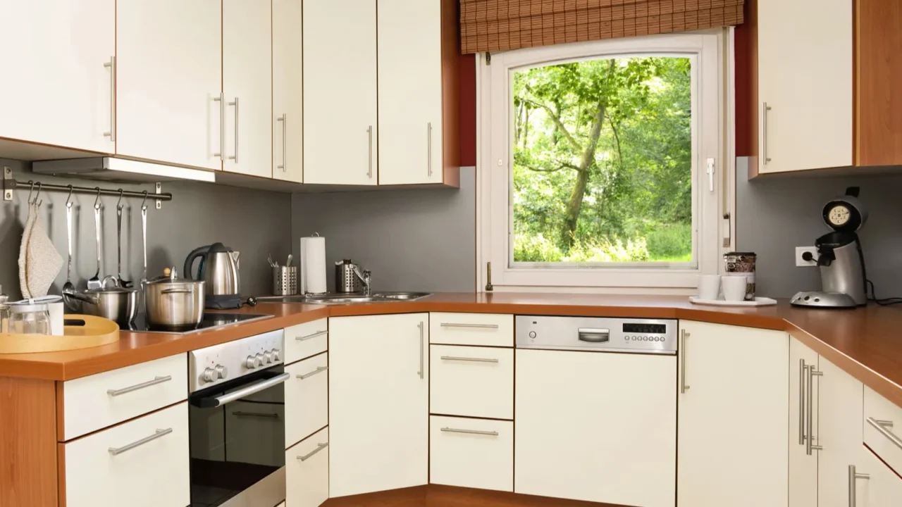 modern kitchen with view into the garden