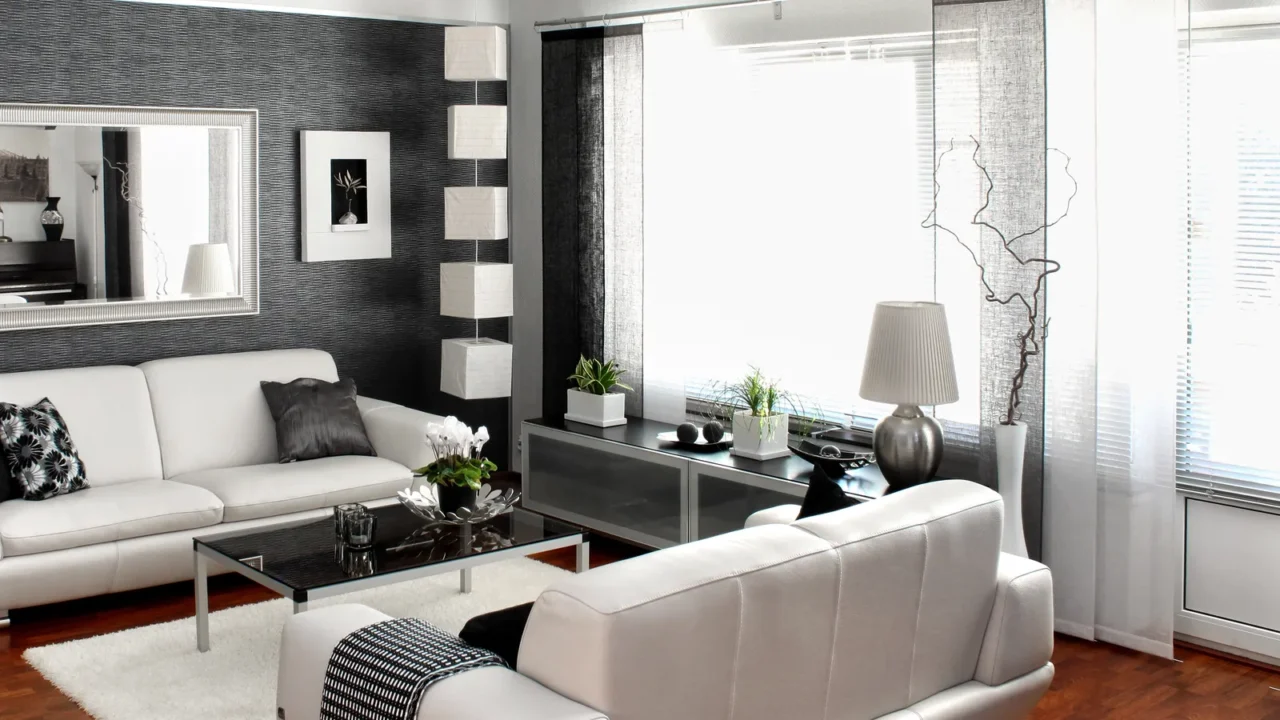 Modern living room with black and white decor.