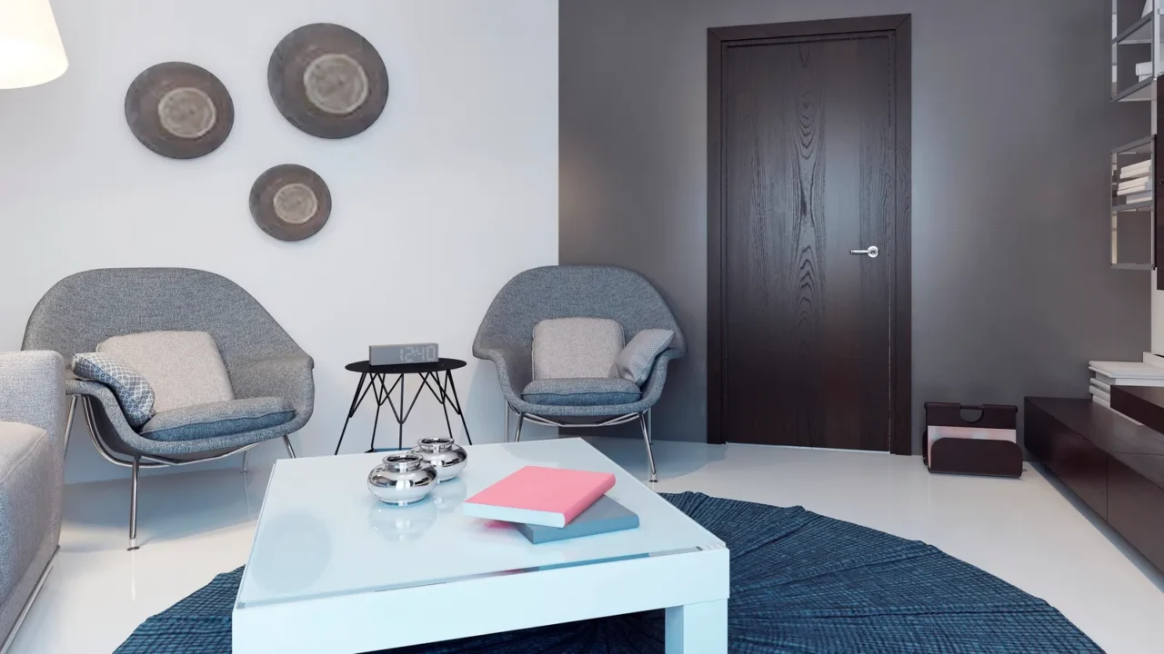 modern white living room with wooden furniture