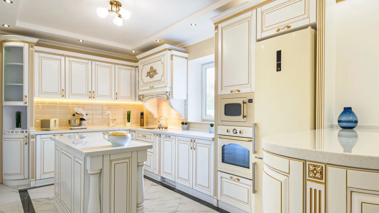 neoclassic style luxury kitchen interior with island