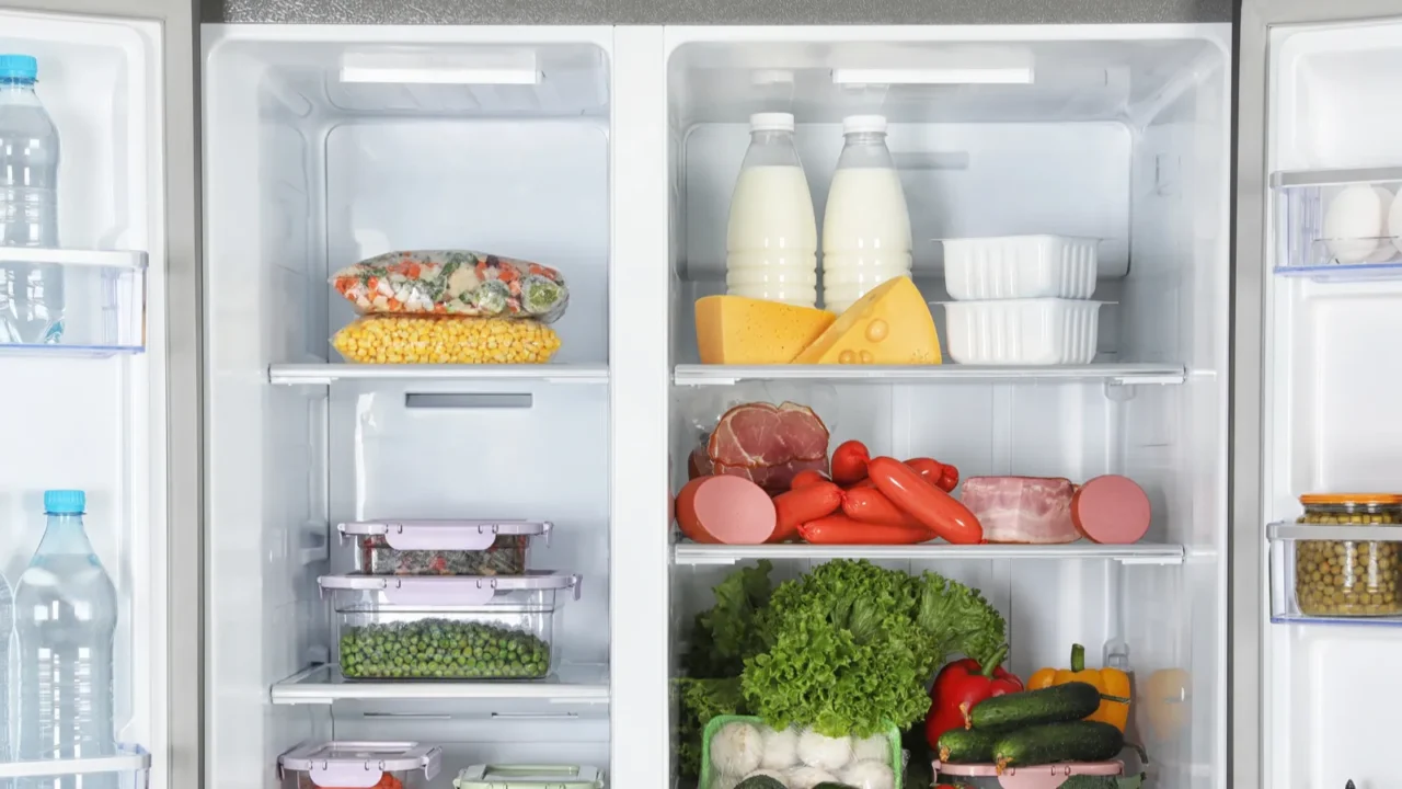 open refrigerator full of different fresh products