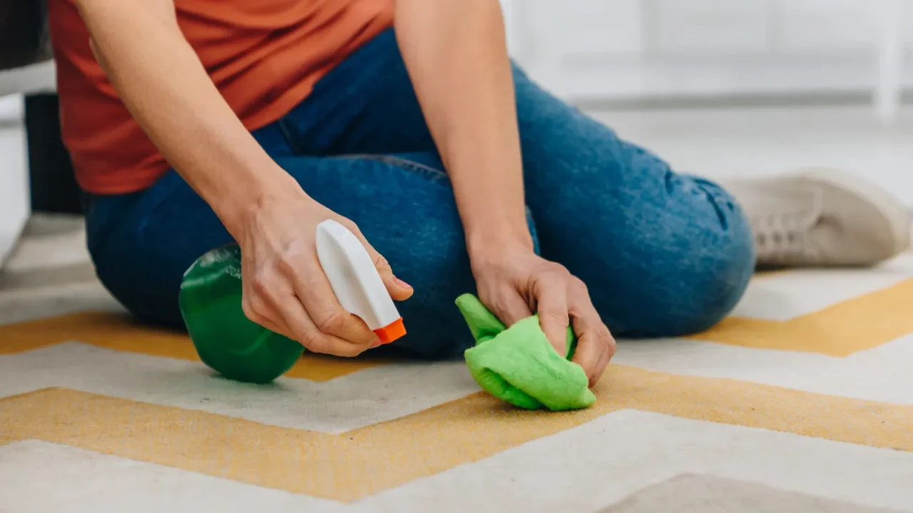 partial view of woman sitting on floor and cleaning carpet