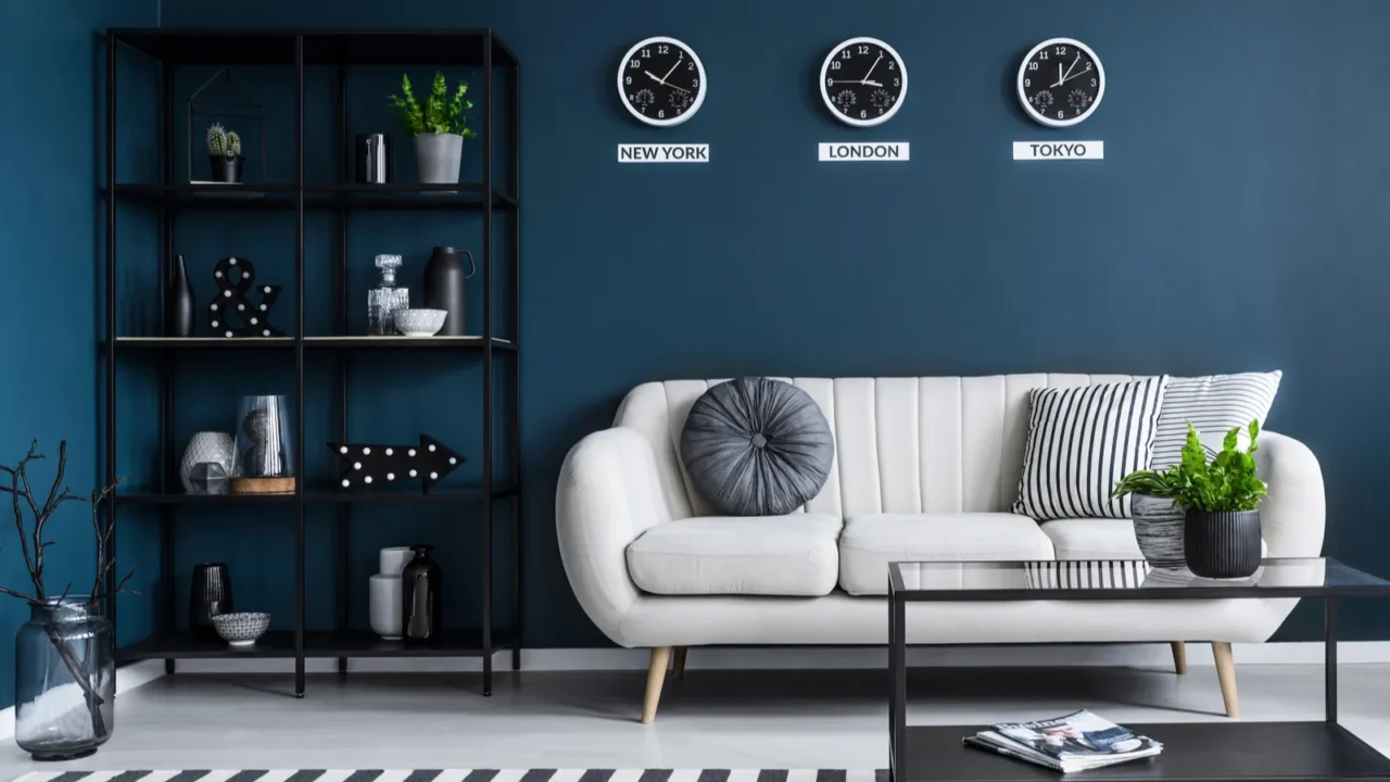 Stripe patterned rug in navy blue living room interior with black bookshelf, a planter, and wall clocks.