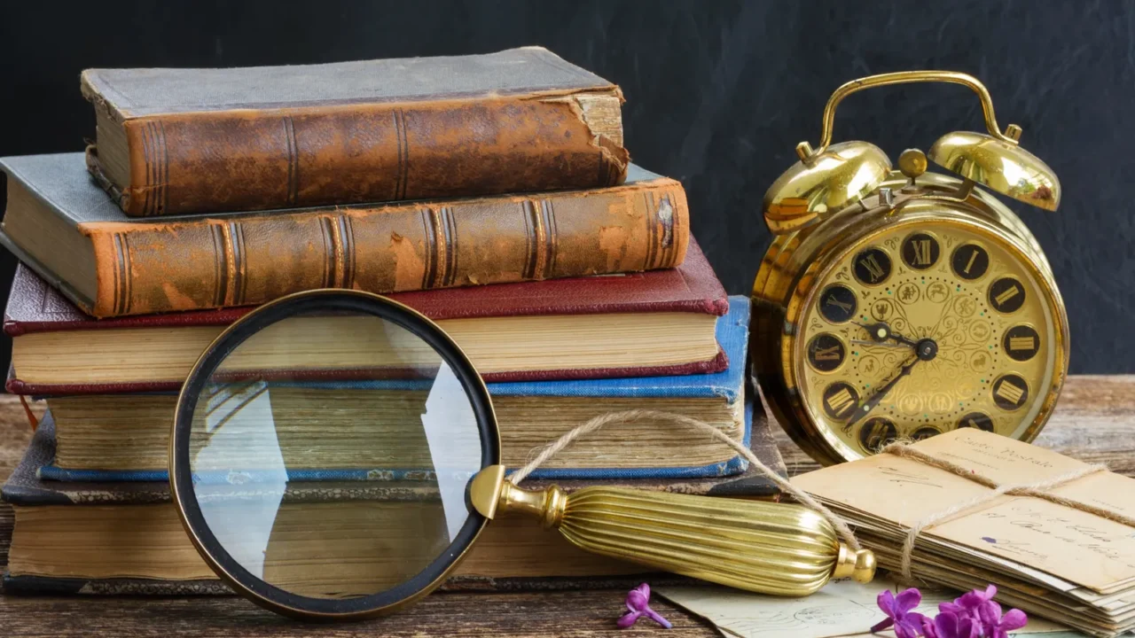 pile of books with clock