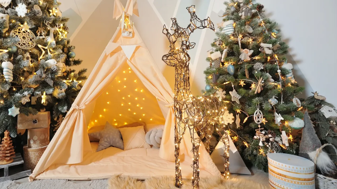 playroom for children with christmas decorations gifts tent and christmas