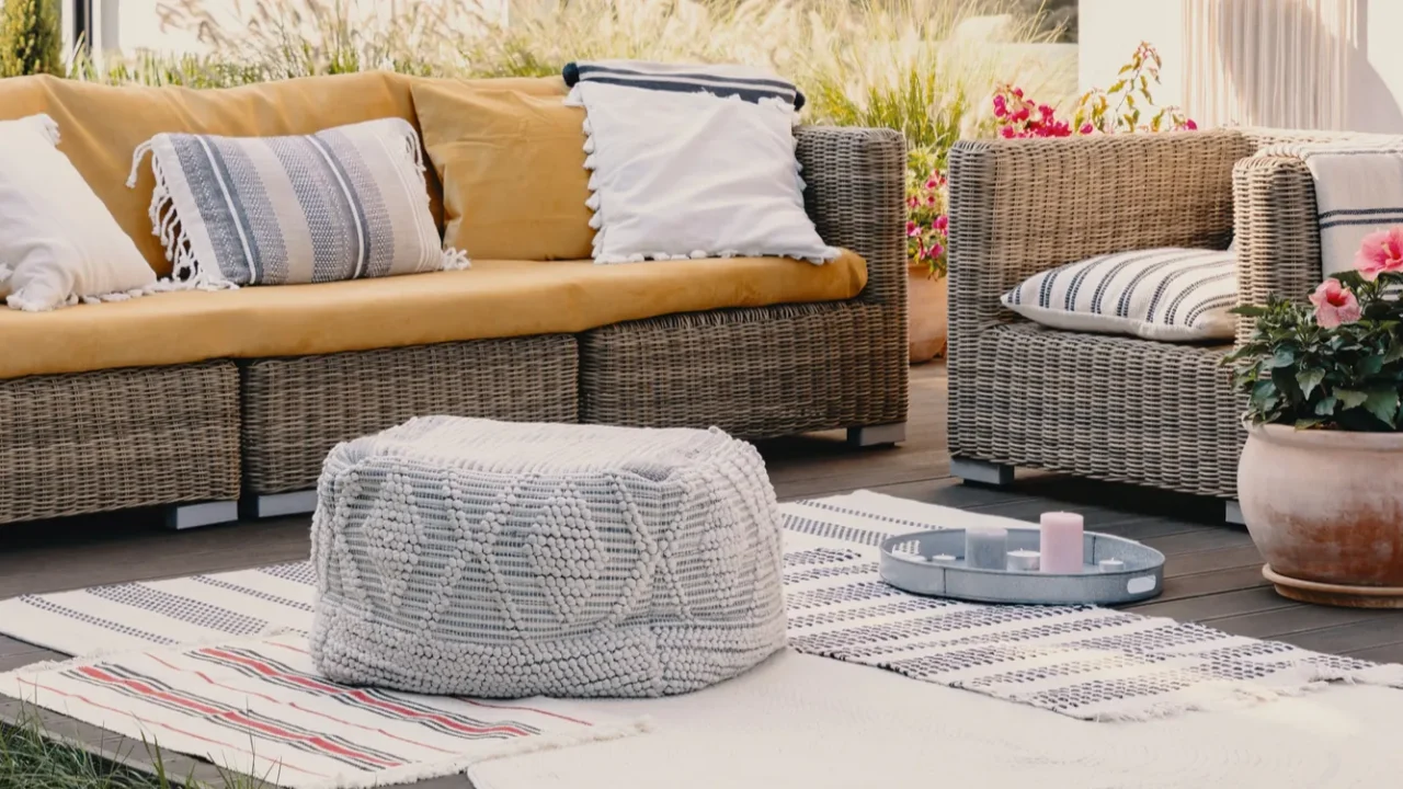 pouf next to rattan couch and armchair on wooden terrace