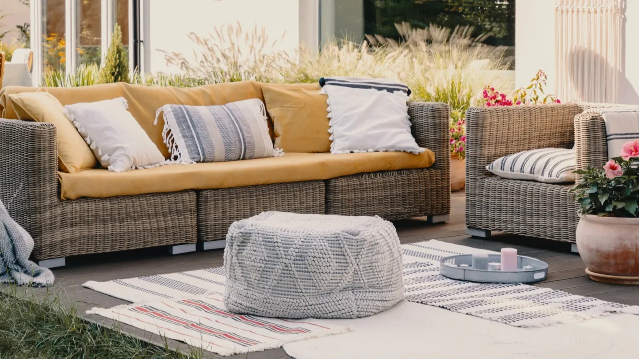 pouf next to rattan couch and armchair on wooden terrace