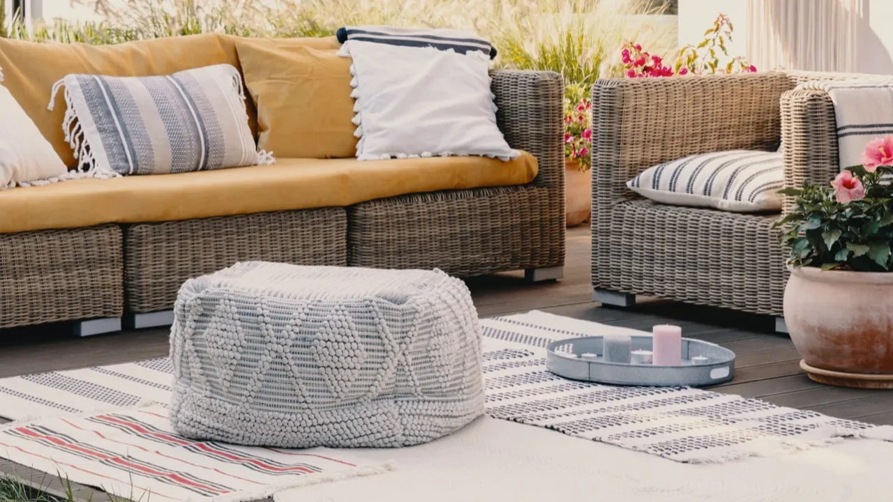 Pouf, rattan couch, armchair, plants, and rugs.