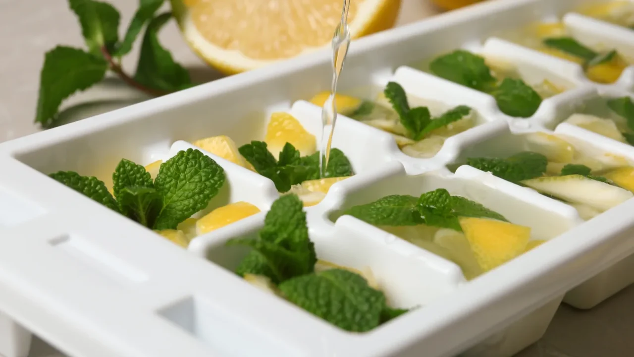 pouring water into ice cube tray with mint and lemon