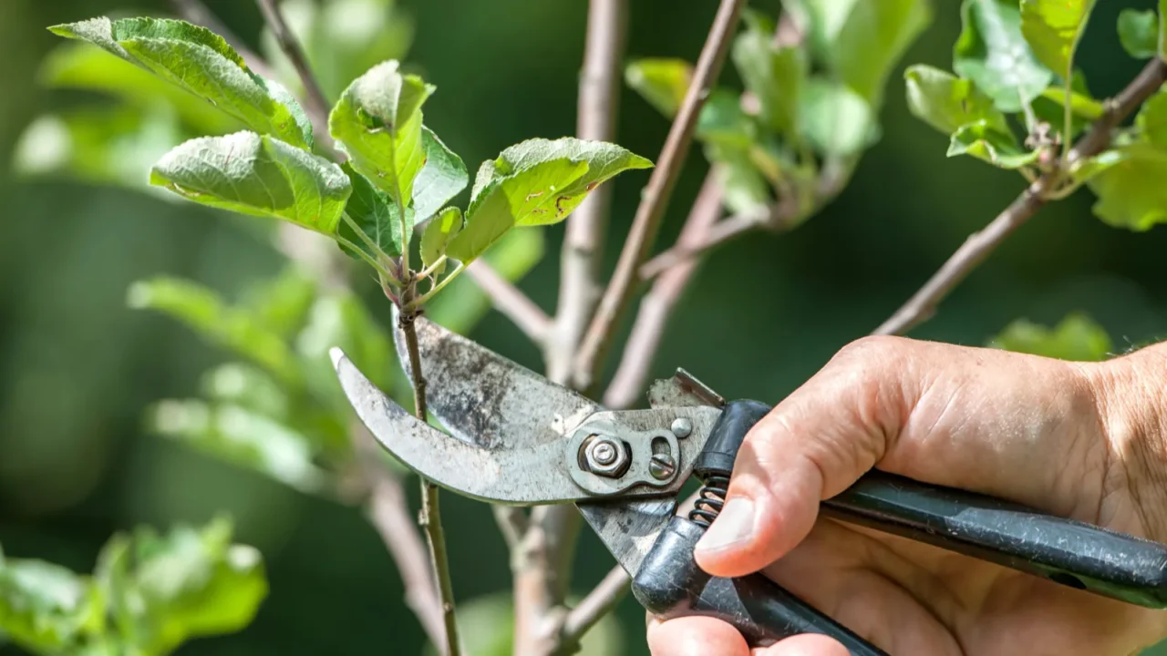 Pruning of trees with secateurs.