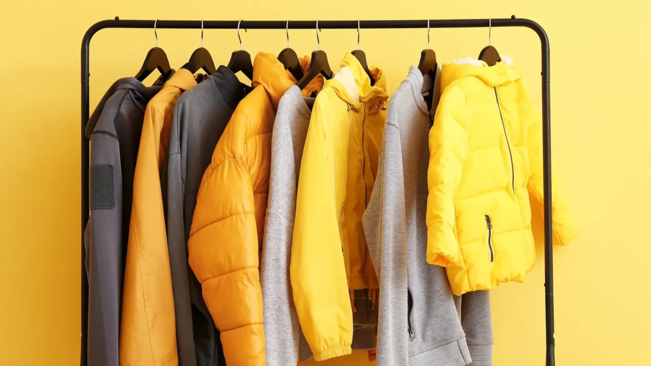 A rack with stylish clothes near color wall