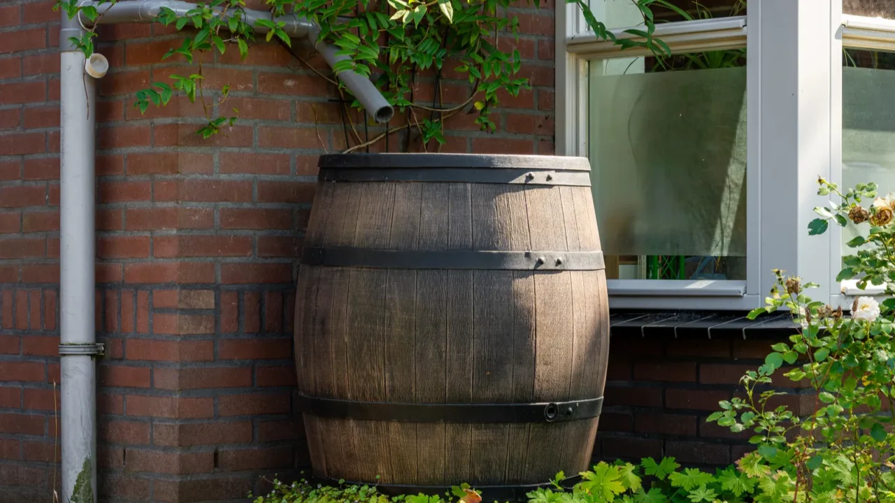 rain barrel on exterior of modern house saving rainwater to