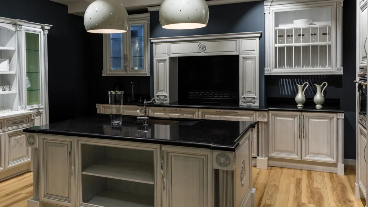 renovated kitchen interior in dark tones