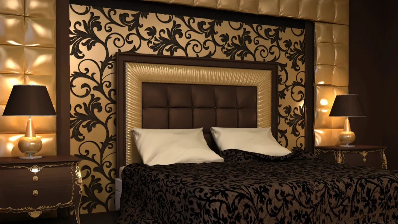 romantic interior double bed in golden luxurious interior hote