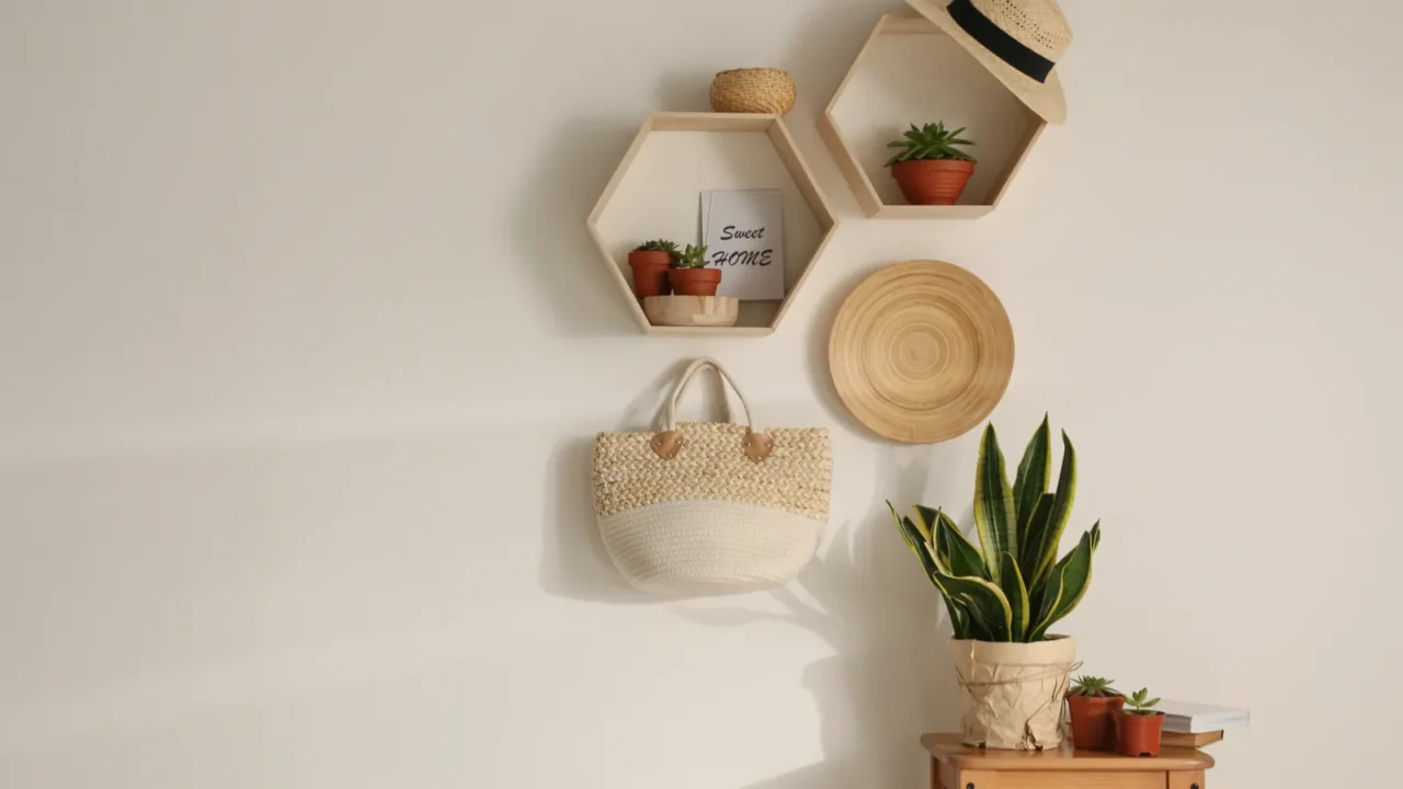 Room interior with hexagon wooden shelves on light wall space. A planter on a wooden stool. A bag, hat, and decor bowl on the wall.