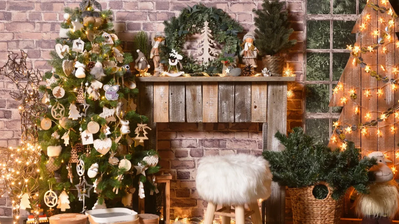 Rustic Christmas decorations with wooden christmas tree and garlands for