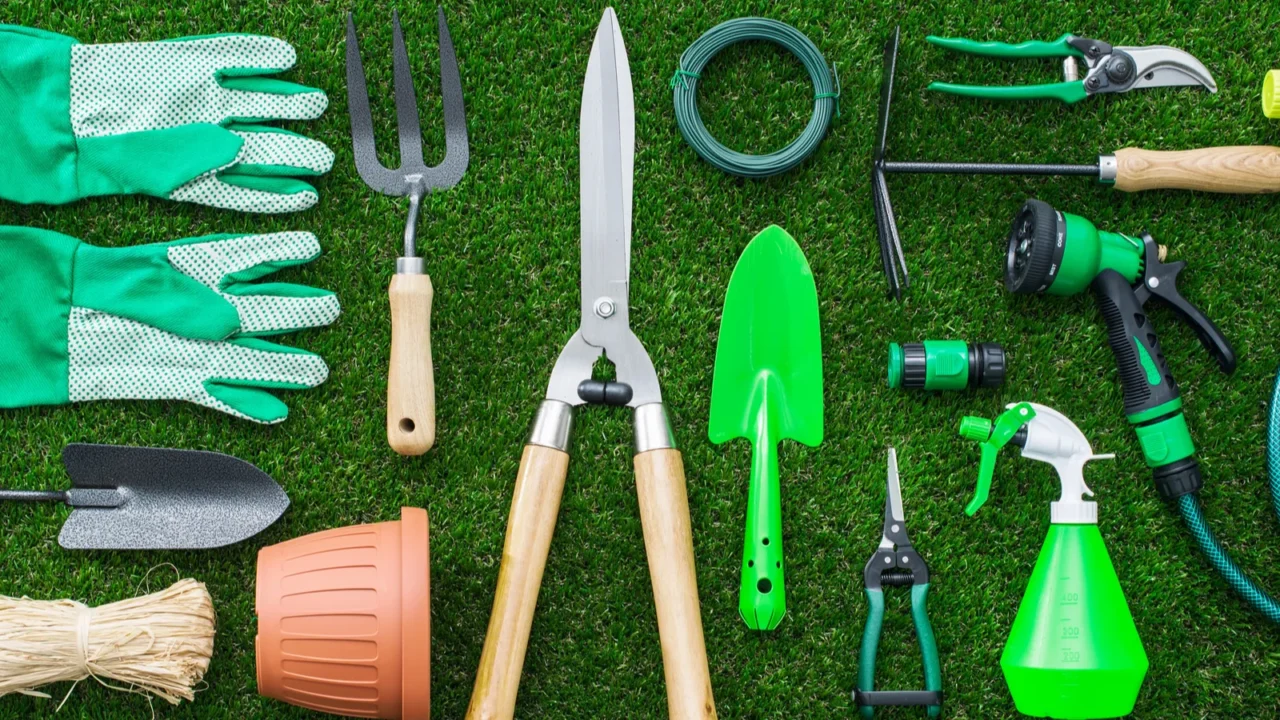 set of gardening tools on the lush grass in the