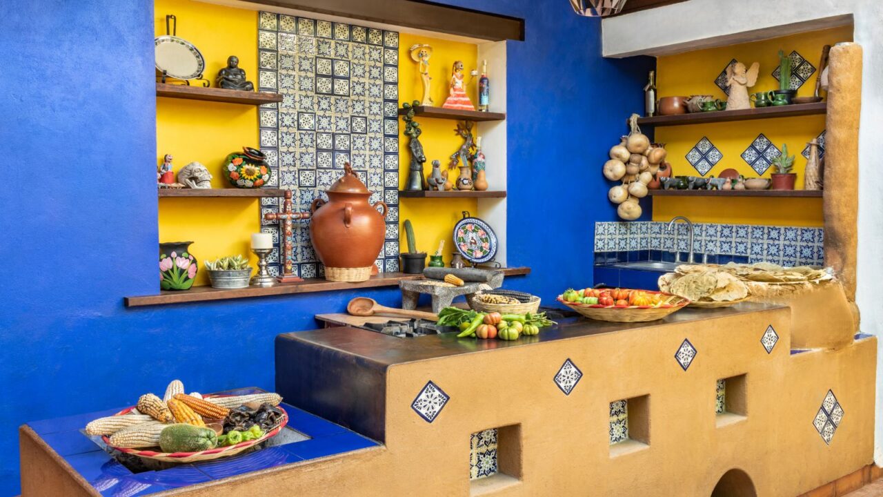 Mexican decorated kitchen. Old fashioned traditional kitchen workplace in Mexico.